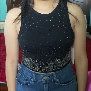 Black Rhinestone Embellished Women's Top